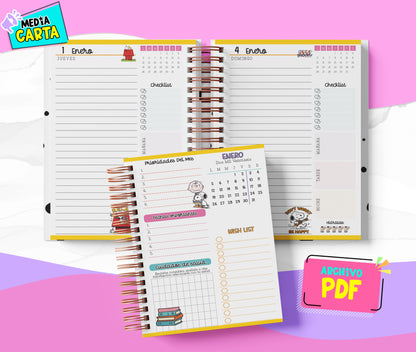 Agenda Diaria 2026 de Peanuts (PDF no editable) – Día por Página – Media Carta 14×21.5 cm – Español