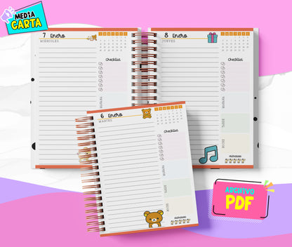 Agenda Diaria 2026 de Rilakkuma (PDF no editable) – Día por Página – Media Carta 14×21.5 cm – Español