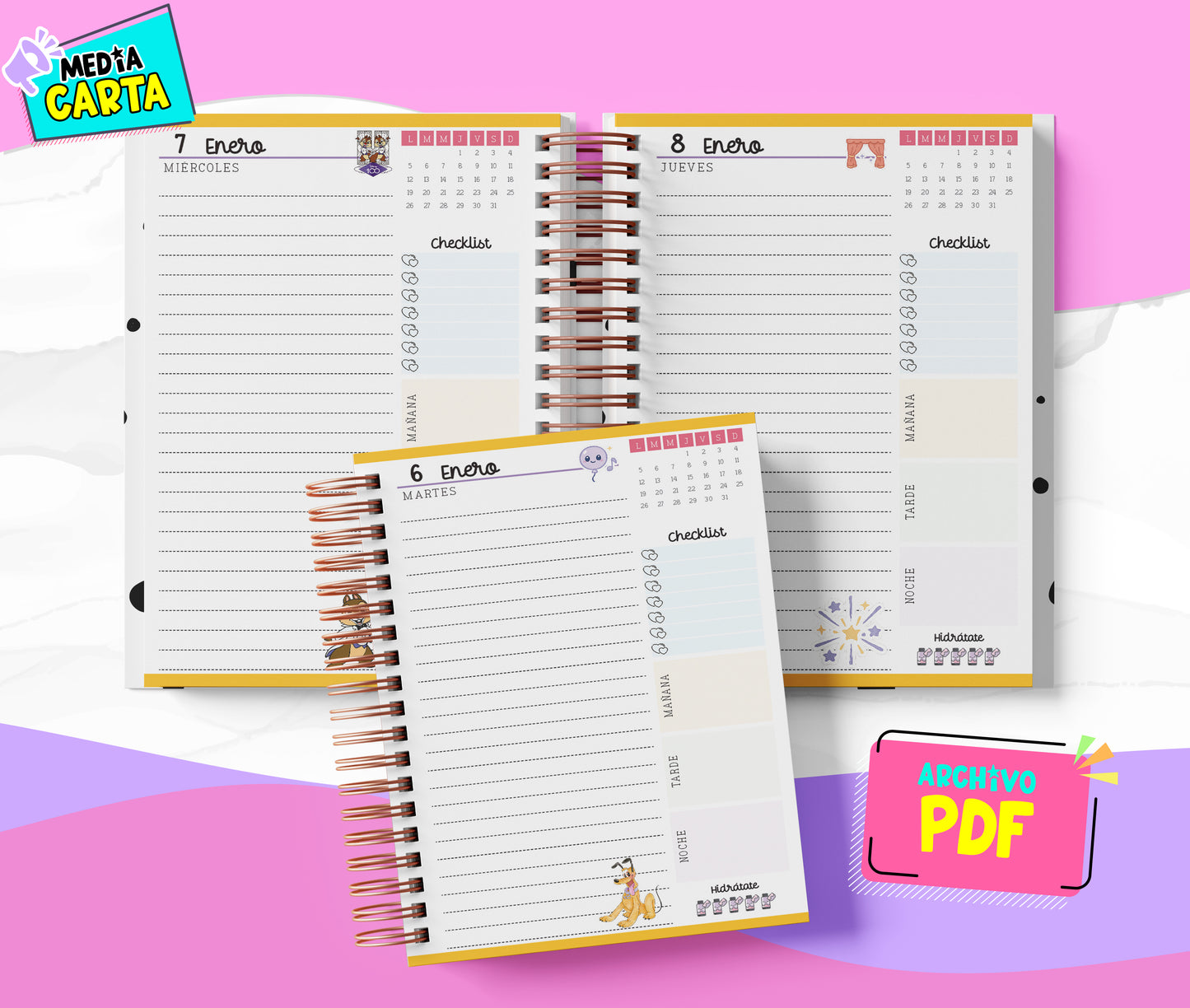 Agenda Diaria 2026 de Disney 100 (PDF no editable) – Día por Página – Media Carta 14×21.5 cm – Español