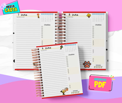 Agenda Diaria 2026 de Snoopy (PDF no editable) – Día por Página – Media Carta 14×21.5 cm – Español