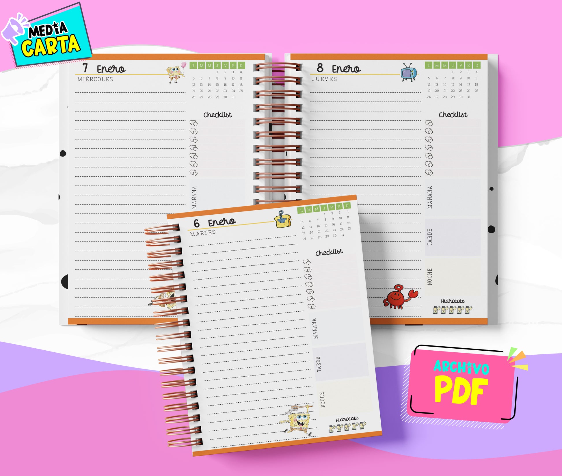 Agenda Diaria 2026 de Bob Esponja (PDF no editable) – Día por Página – Media Carta 14×21.5 cm – Español