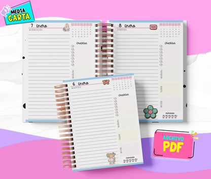 Agenda Diaria 2026 de Cute Dolls (PDF no editable) – Día por Página – Media Carta 14×21.5 cm – Español