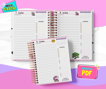 Agenda Diaria 2026 de Chesire Cat (PDF no editable) – Día por Página – Media Carta 14×21.5 cm – Español