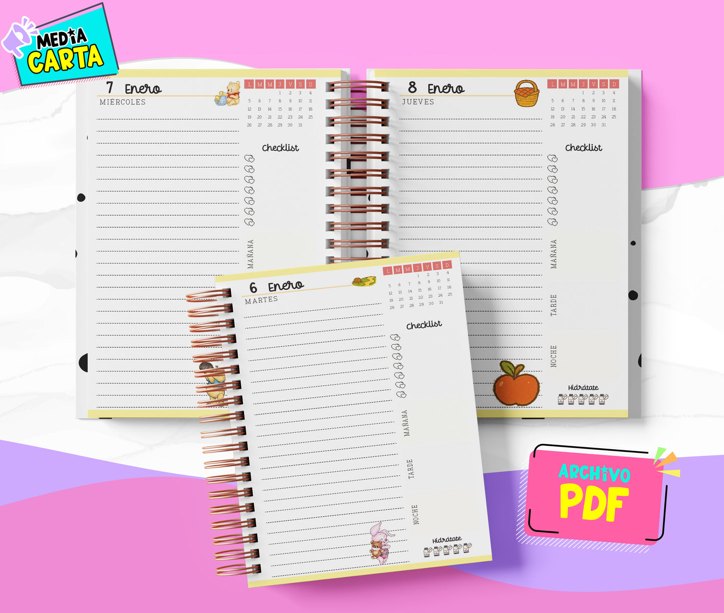 Agenda Diaria 2026 de Winnie (PDF no editable) – Día por Página – Media Carta 14×21.5 cm – Español