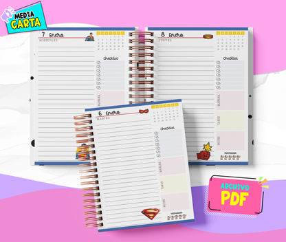 Agenda Diaria 2026 de Superman (PDF no editable) – Día por Página – Media Carta 14×21.5 cm – Español