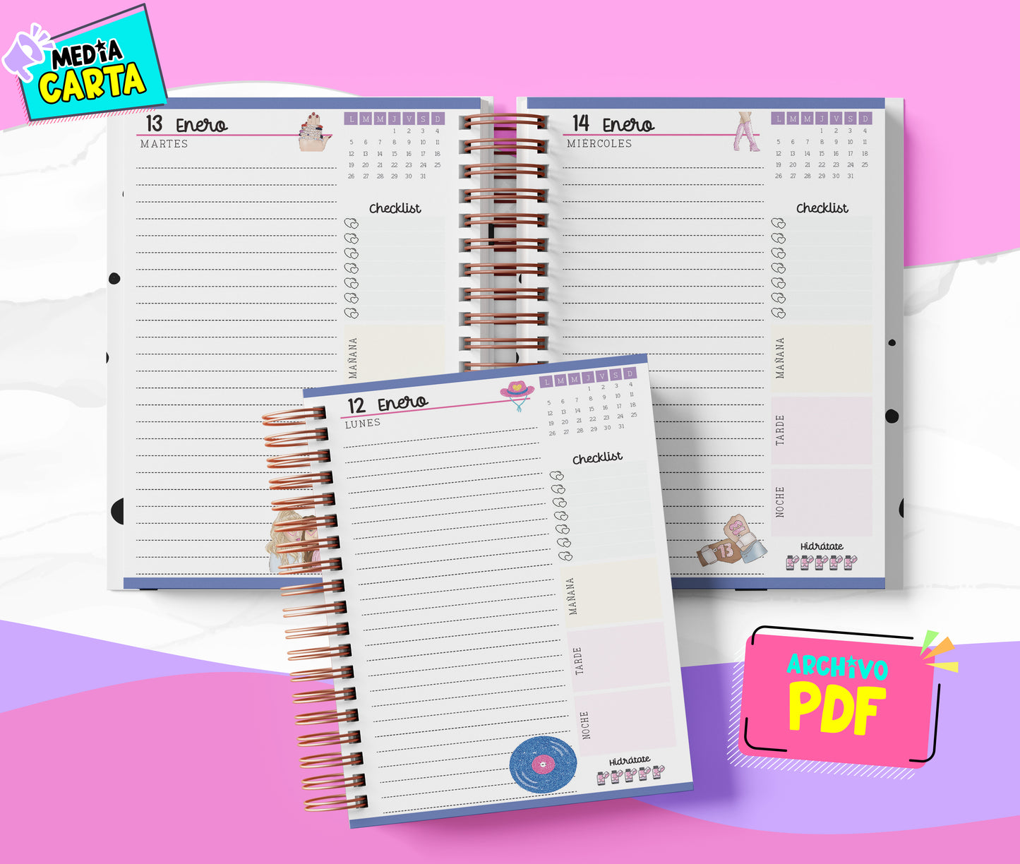 Agenda Diaria 2026 de Taylor Swift (PDF no editable) – Día por Página – Media Carta 14×21.5 cm – Español