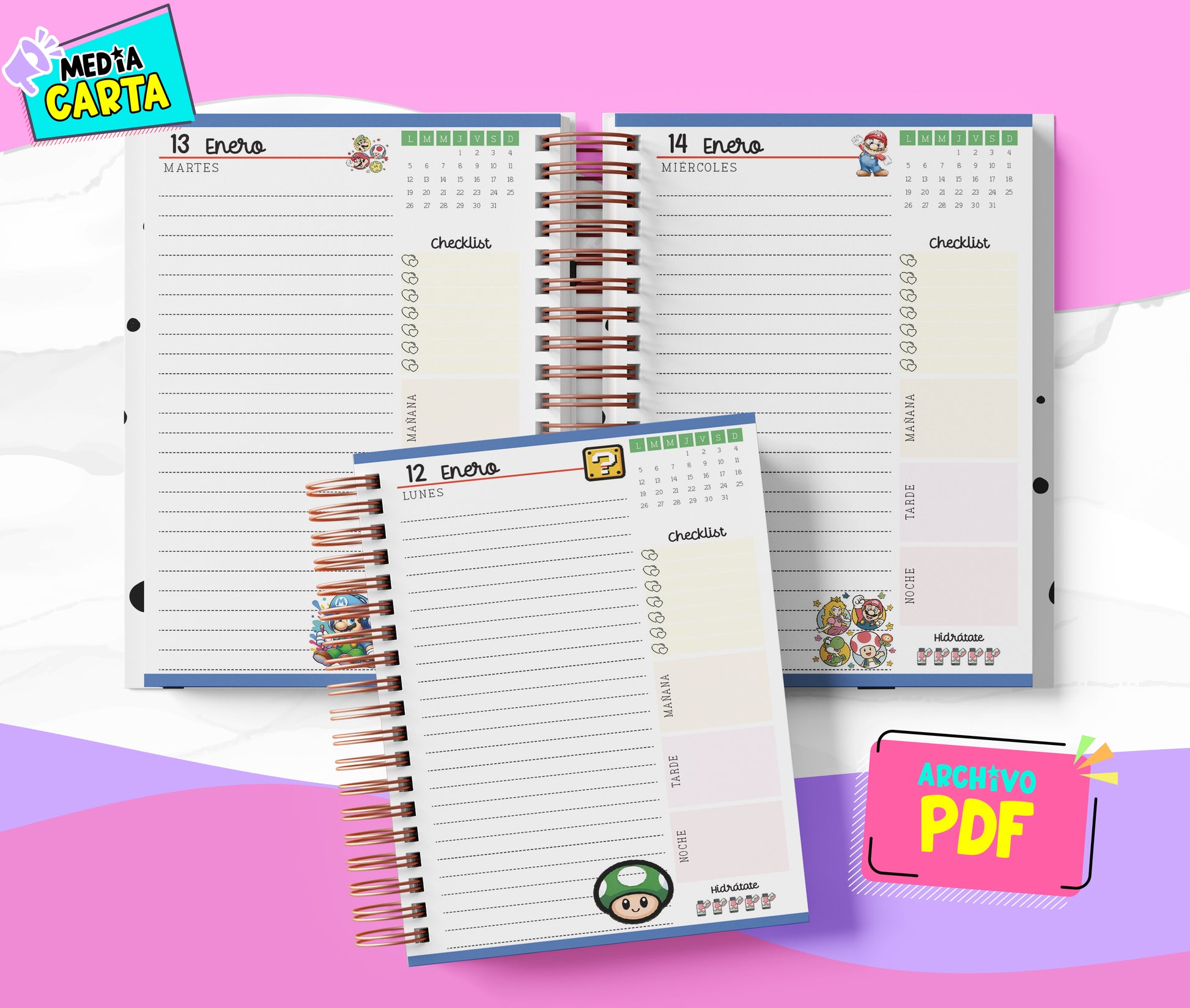 Agenda Diaria 2026 de Mario Bross (PDF no editable) – Día por Página – Media Carta 14×21.5 cm – Español