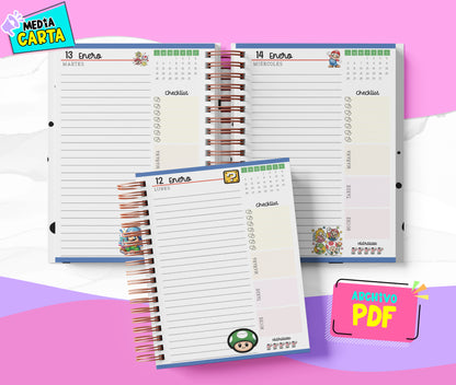 Agenda Diaria 2026 de Mario Bross (PDF no editable) – Día por Página – Media Carta 14×21.5 cm – Español