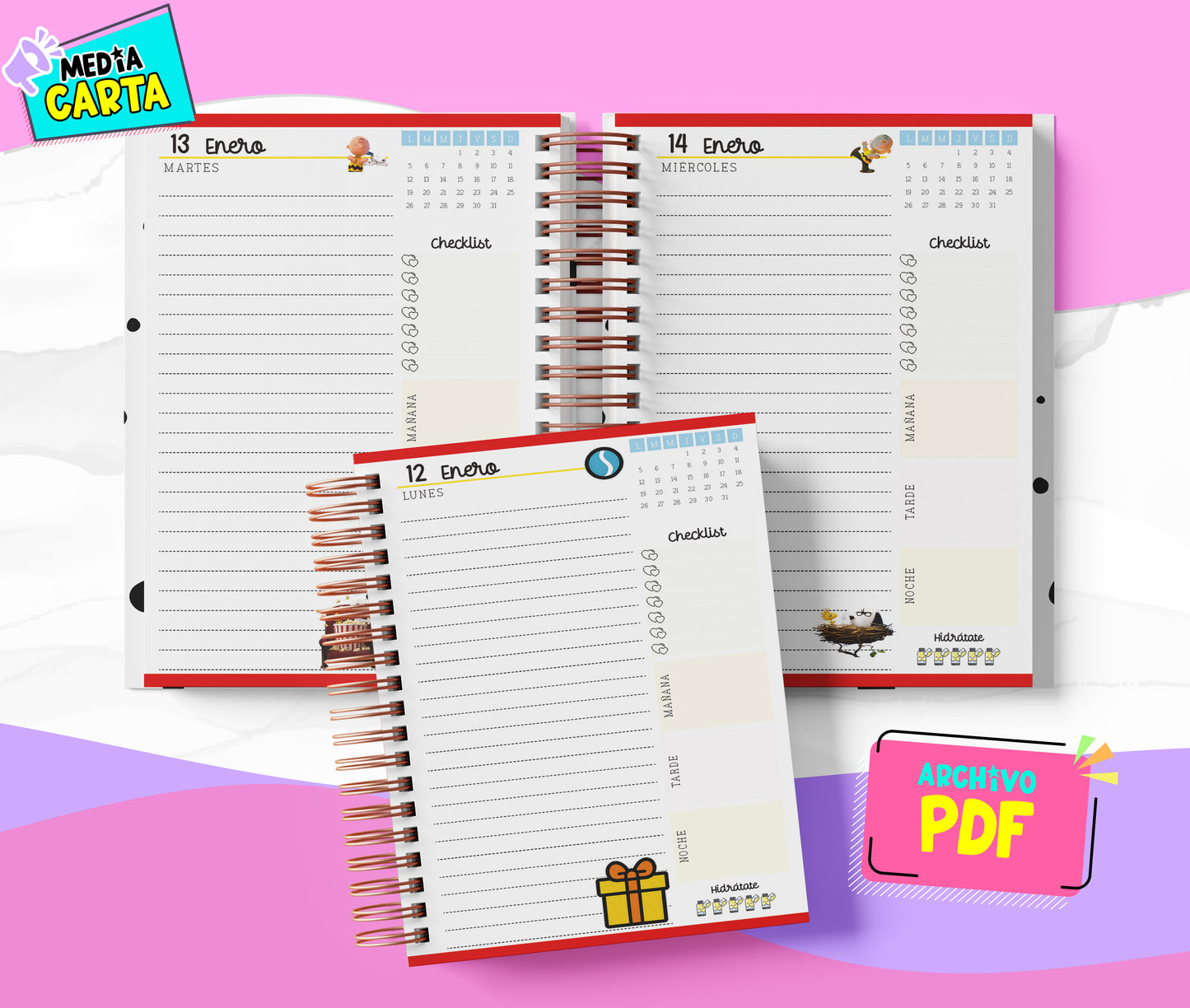 Agenda Diaria 2026 de Snoopy (PDF no editable) – Día por Página – Media Carta 14×21.5 cm – Español