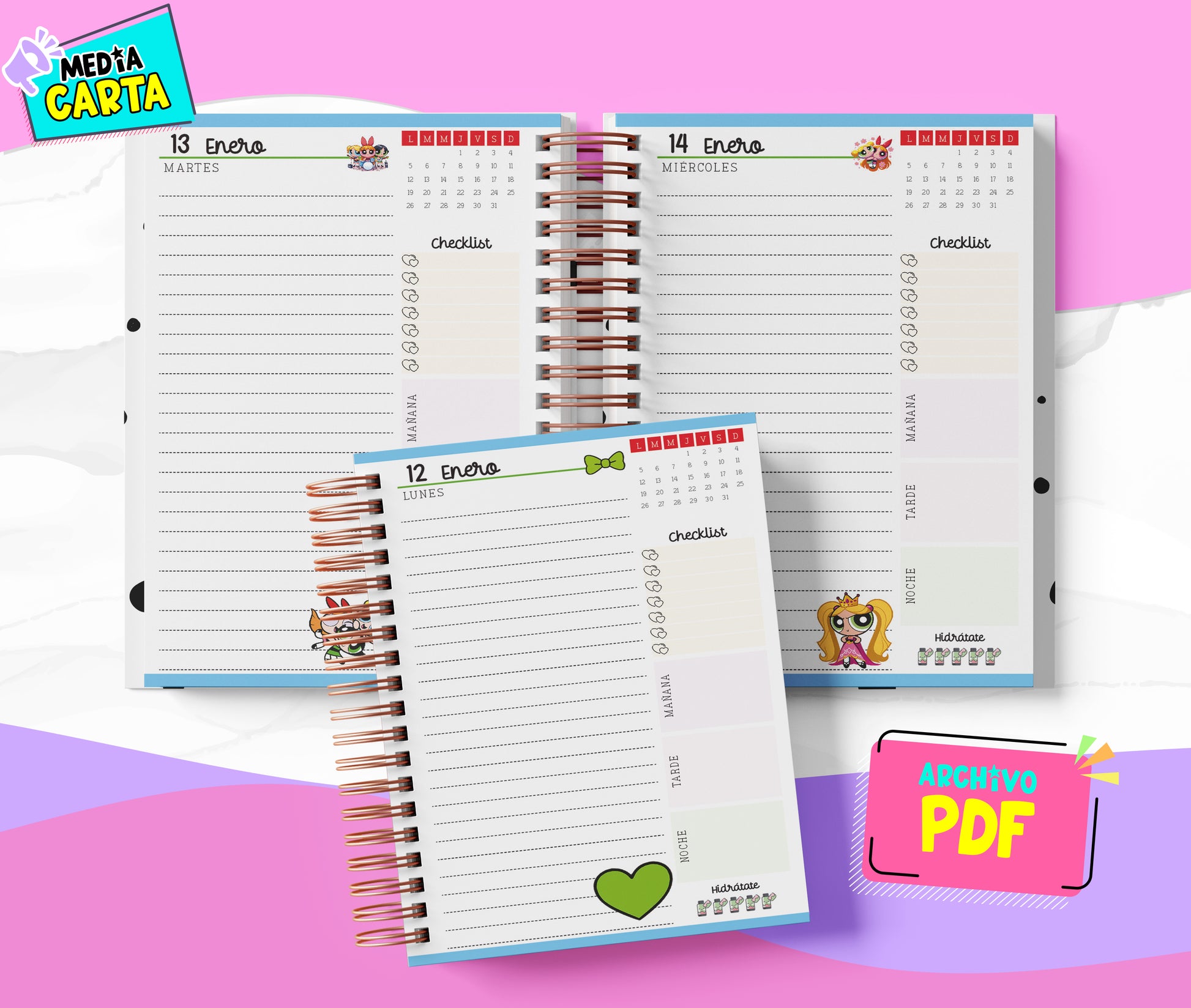 Agenda Diaria 2026 de Chicas Super Poderosas (PDF no editable) – Día por Página – Media Carta 14×21.5 cm – Español