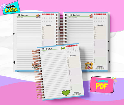 Agenda Diaria 2026 de Chicas Super Poderosas (PDF no editable) – Día por Página – Media Carta 14×21.5 cm – Español