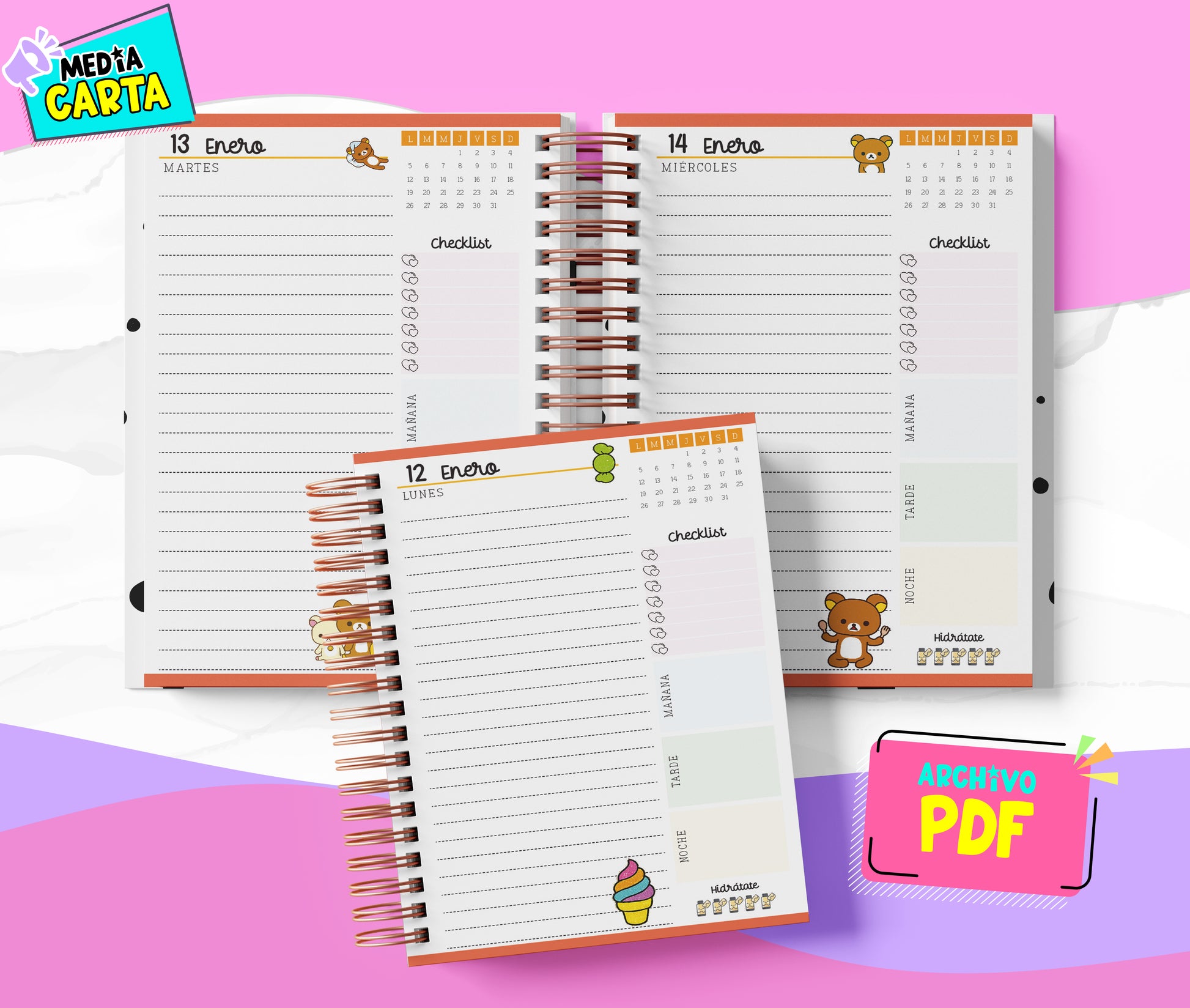 Agenda Diaria 2026 de Rilakkuma (PDF no editable) – Día por Página – Media Carta 14×21.5 cm – Español