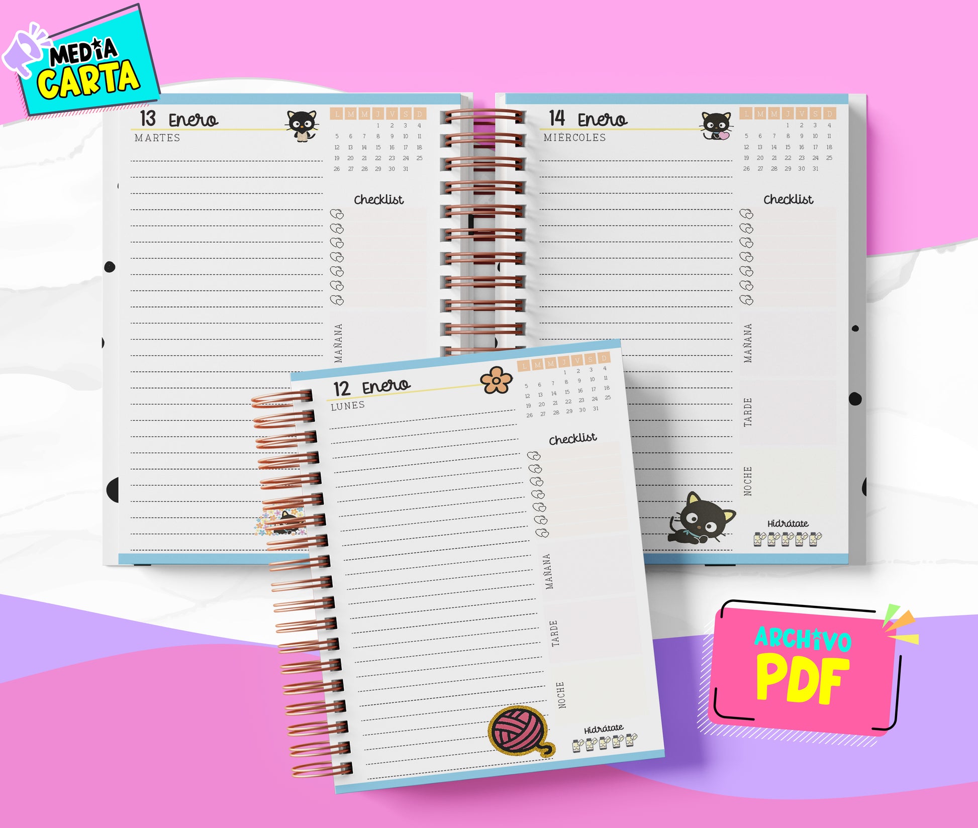 Agenda Diaria 2026 de Chococat (PDF no editable) – Día por Página – Media Carta 14×21.5 cm – Español