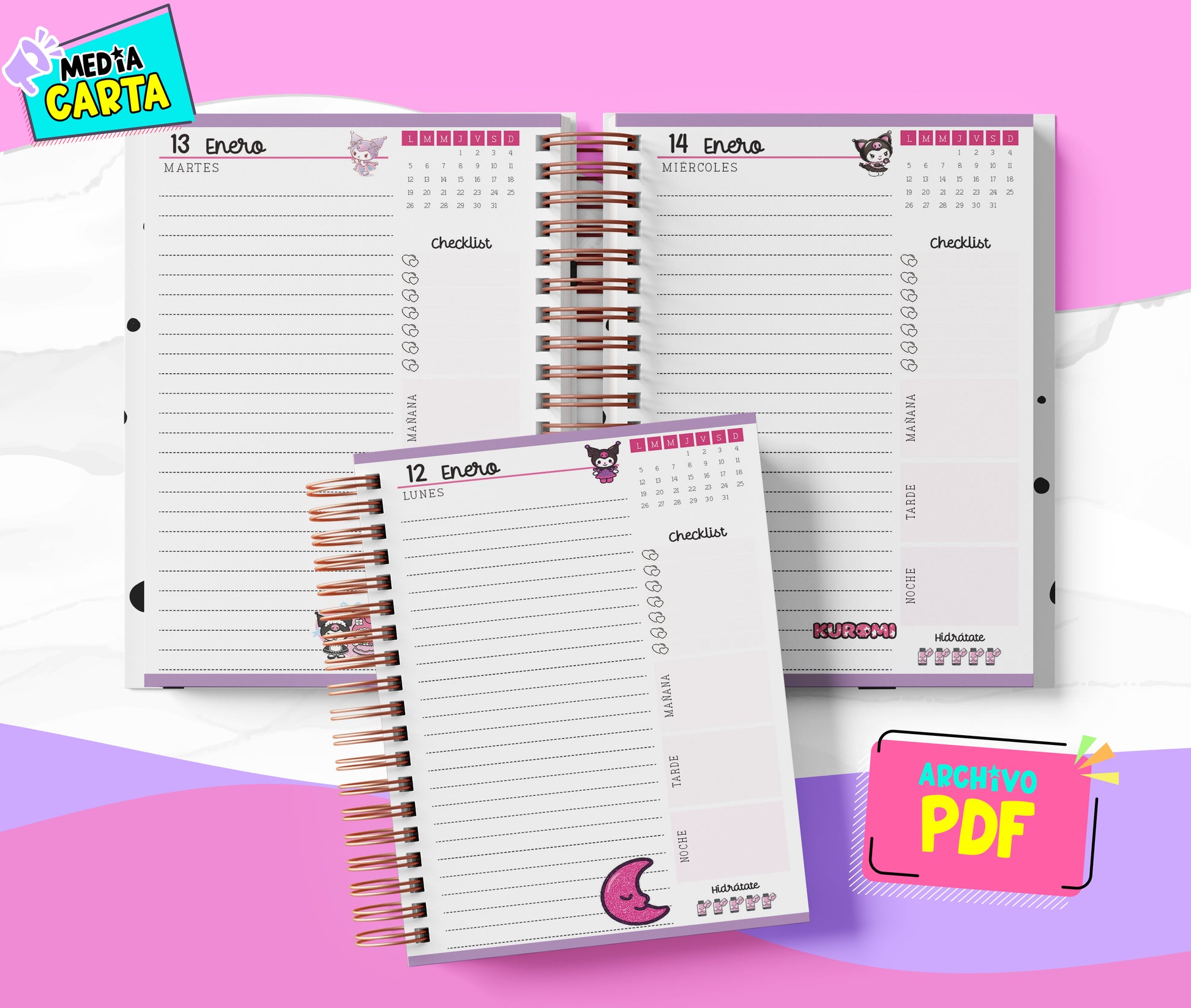 Agenda Diaria 2026 de Kuromi (PDF no editable) – Día por Página – Media Carta 14×21.5 cm – Español