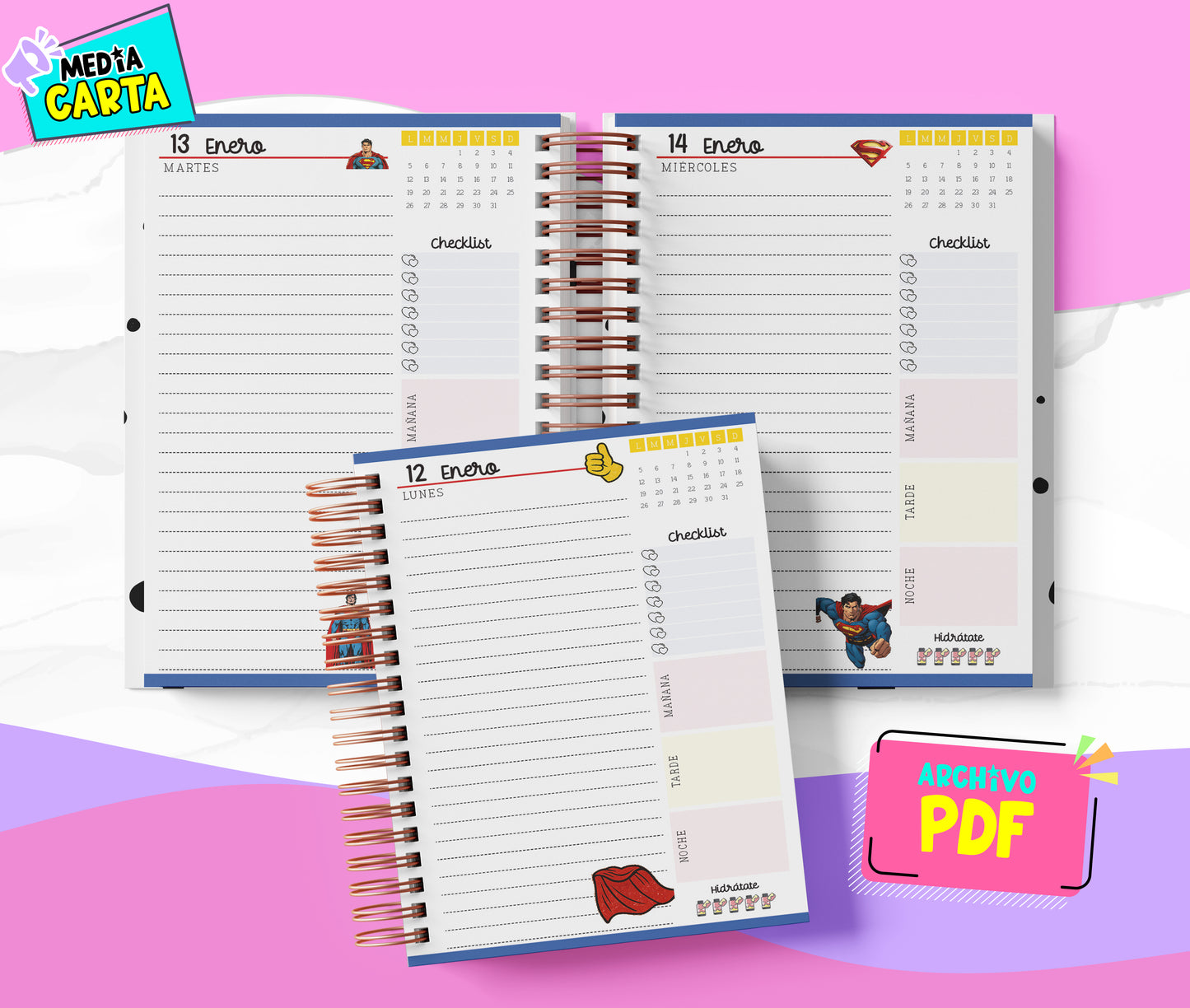 Agenda Diaria 2026 de Superman (PDF no editable) – Día por Página – Media Carta 14×21.5 cm – Español