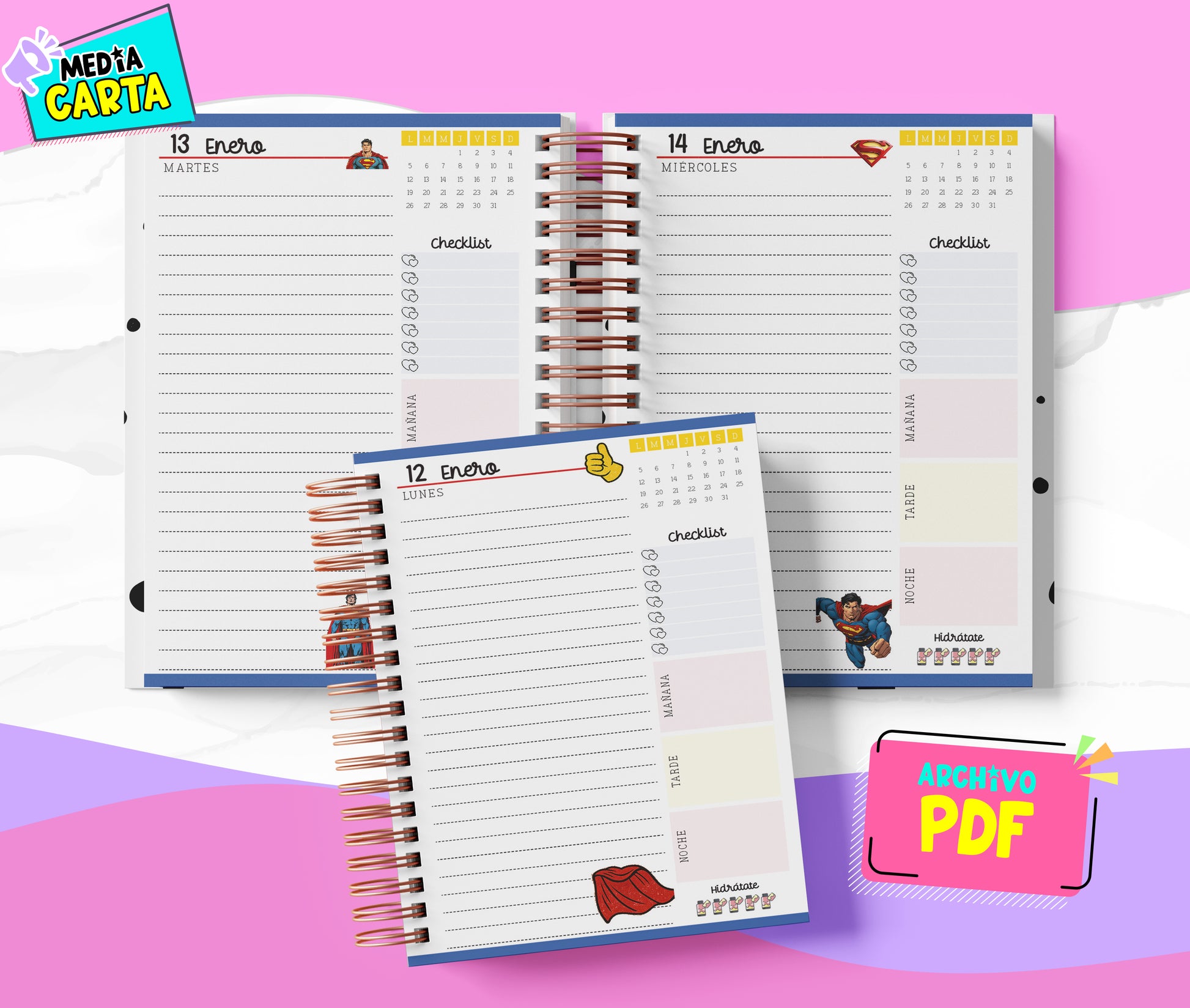 Agenda Diaria 2026 de Superman (PDF no editable) – Día por Página – Media Carta 14×21.5 cm – Español