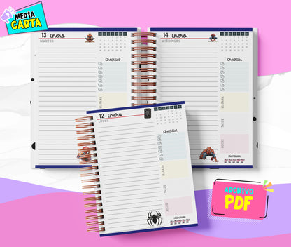 Agenda Diaria 2026 de Spiderman (PDF no editable) – Día por Página – Media Carta 14×21.5 cm – Español