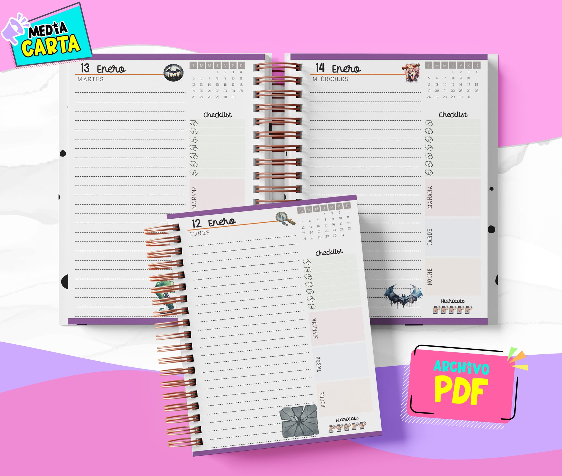 Agenda Diaria 2026 de Batman (PDF no editable) – Día por Página – Media Carta 14×21.5 cm – Español