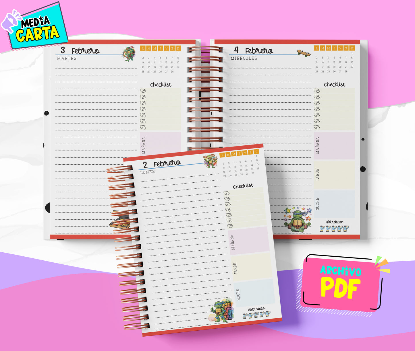 Agenda Diaria 2026 de Tortugas Ninja (PDF no editable) – Día por Página – Media Carta 14×21.5 cm – Español