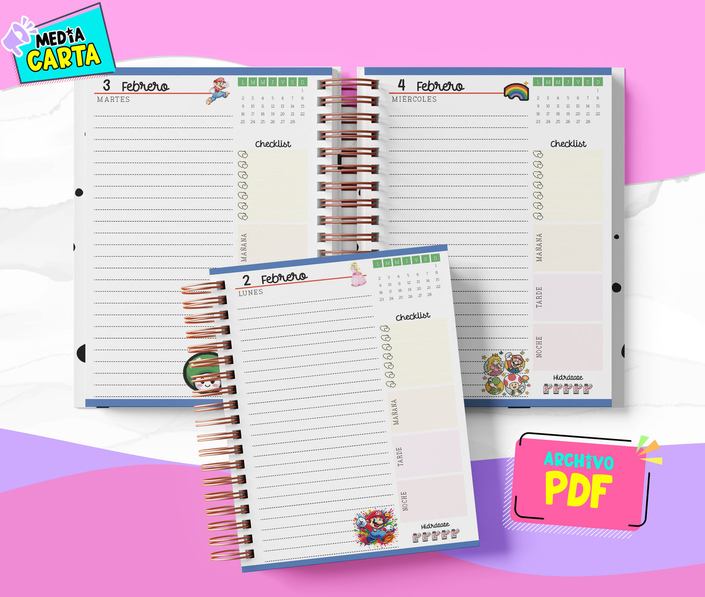 Agenda Diaria 2026 de Mario Bross (PDF no editable) – Día por Página – Media Carta 14×21.5 cm – Español