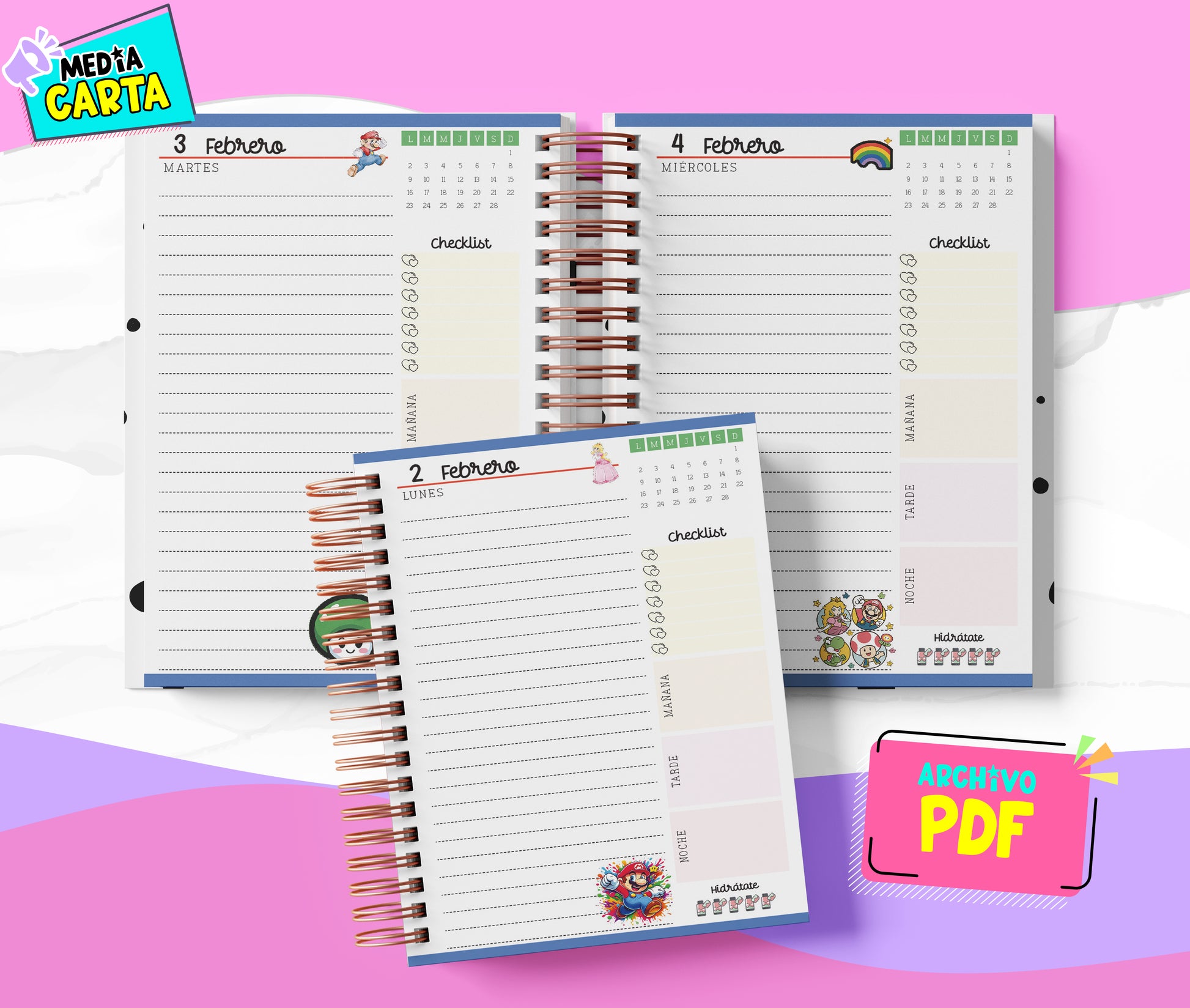 Agenda Diaria 2026 de Mario Bross (PDF no editable) – Día por Página – Media Carta 14×21.5 cm – Español