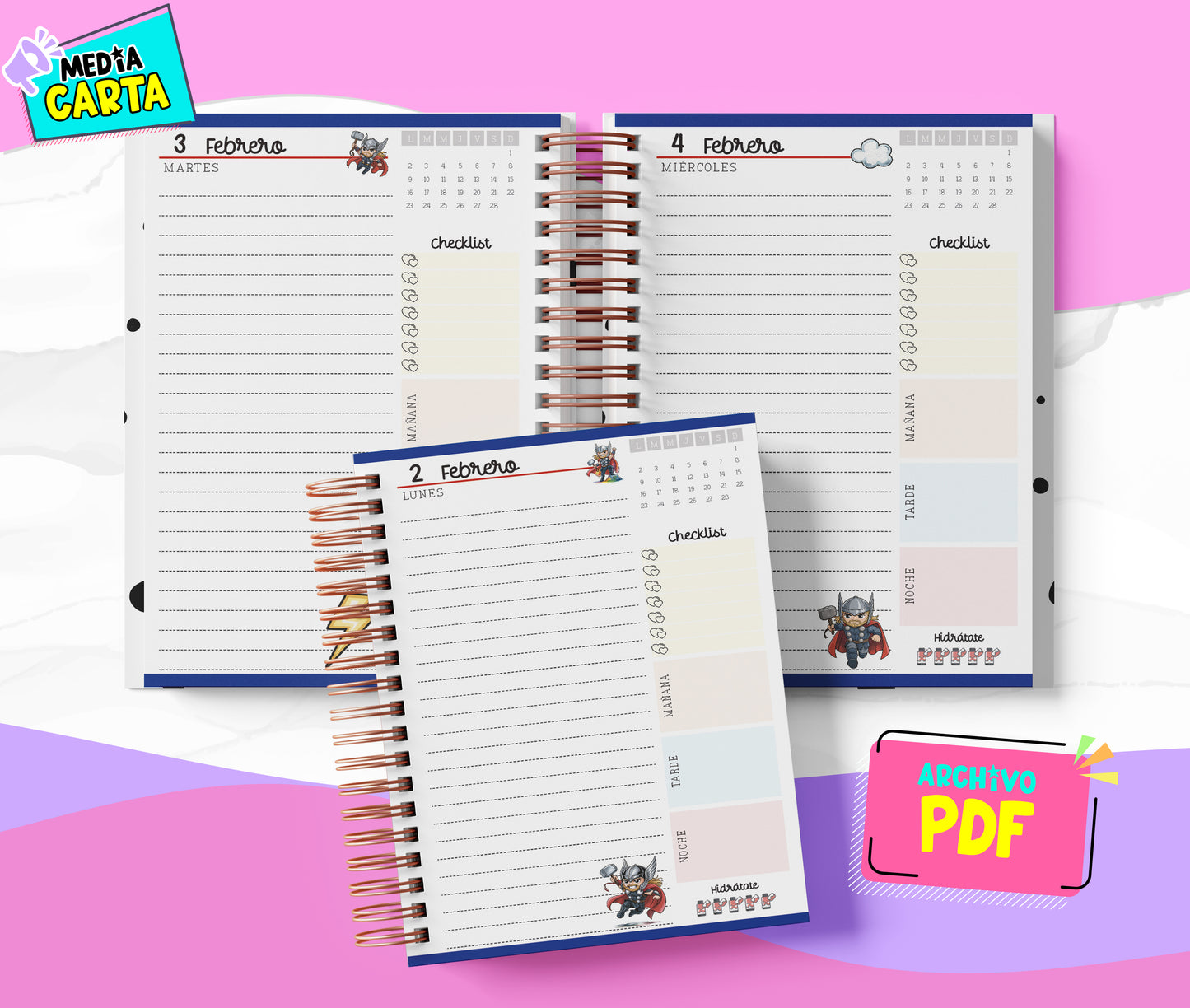 Agenda Diaria 2026 de Thor (PDF no editable) – Día por Página – Media Carta 14×21.5 cm – Español