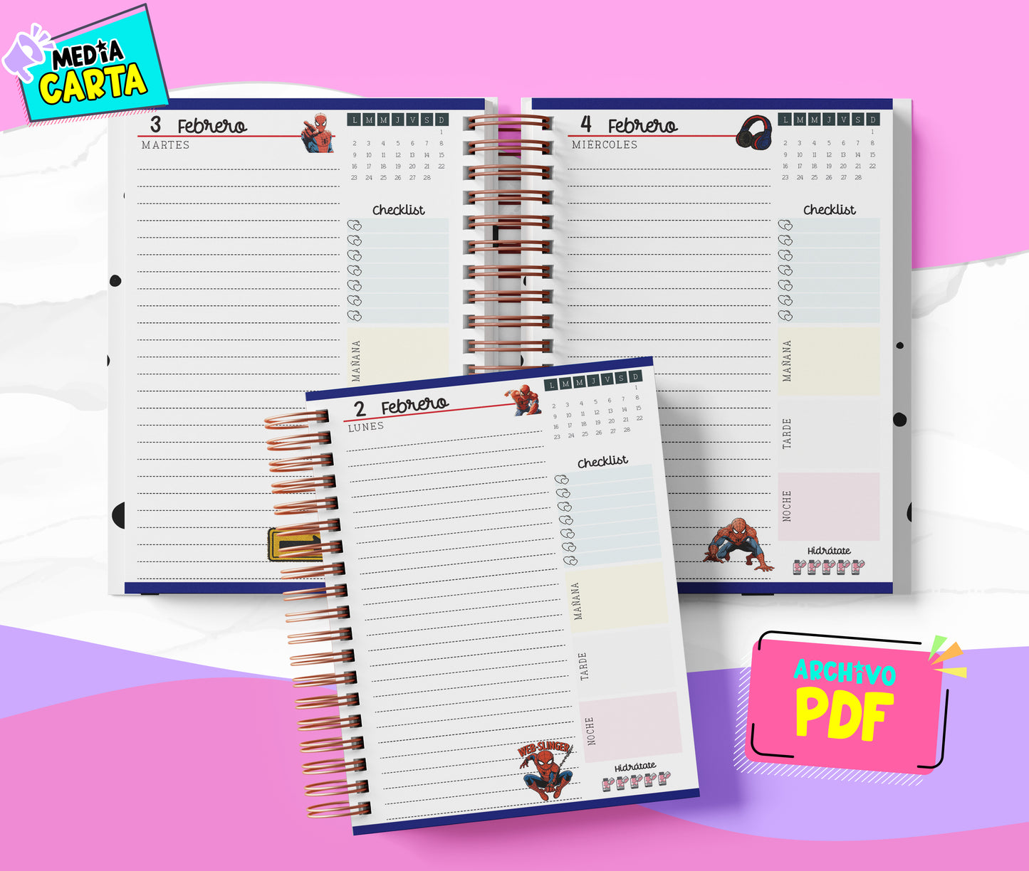 Agenda Diaria 2026 de Spiderman (PDF no editable) – Día por Página – Media Carta 14×21.5 cm – Español