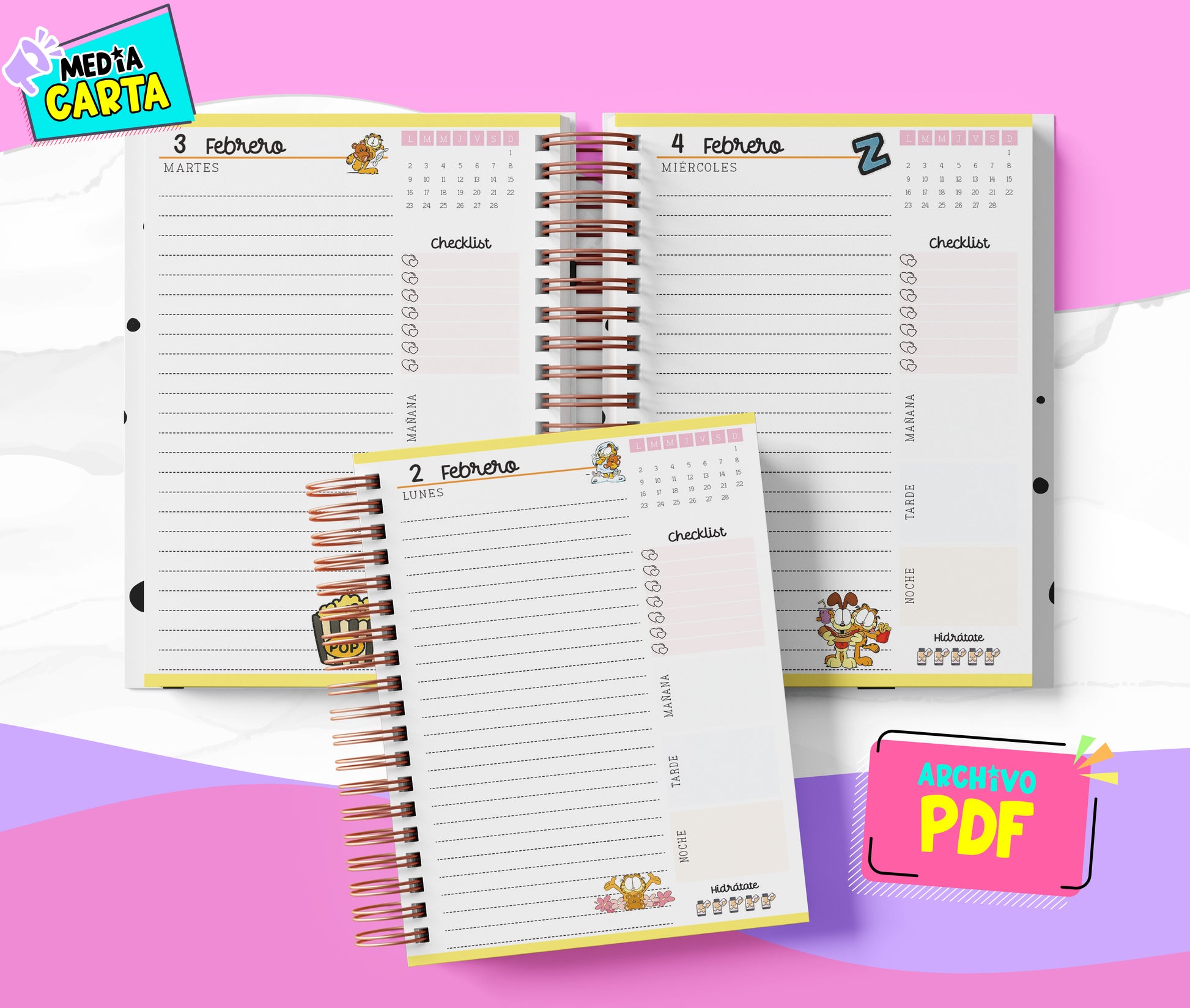 Agenda Diaria 2026 de Garfield (PDF no editable) – Día por Página – Media Carta 14×21.5 cm – Español