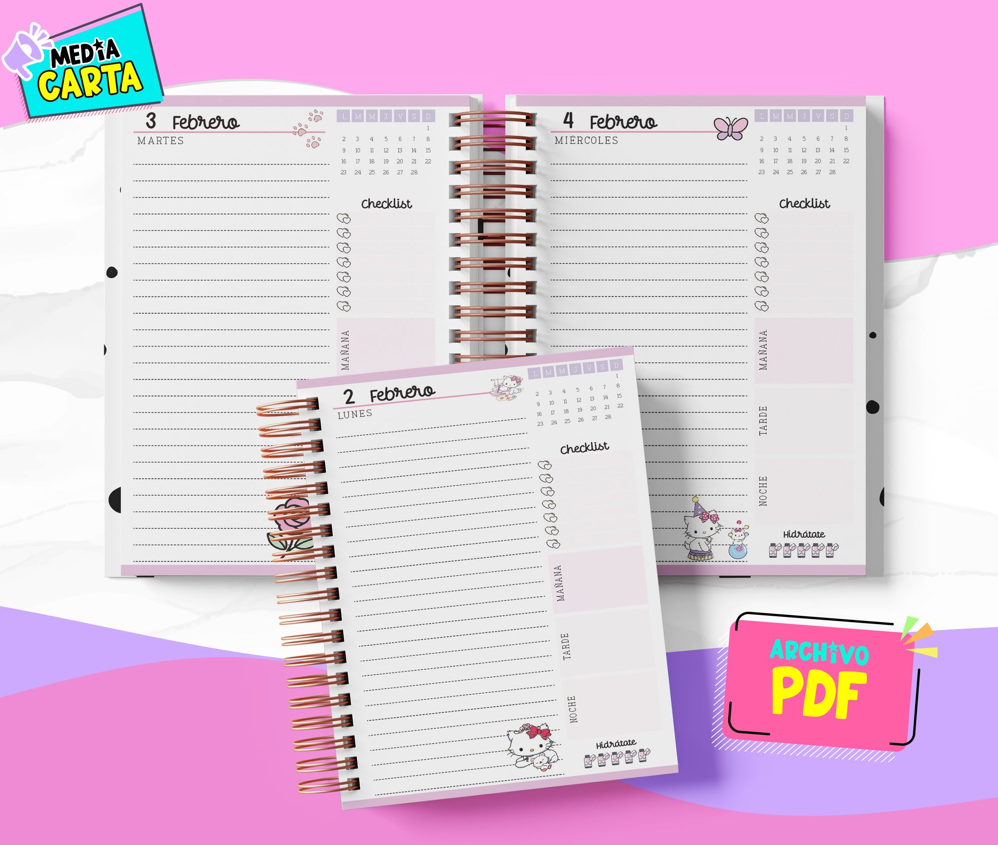 Agenda Diaria 2026 de Charmmy Kitty (PDF no editable) – Día por Página – Media Carta 14×21.5 cm – Español
