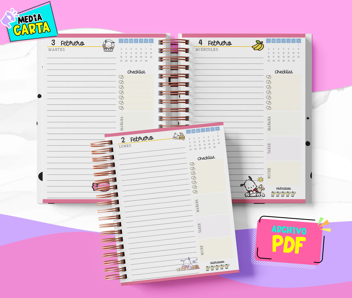 Agenda Diaria 2026 de Pochacco (PDF no editable) – Día por Página – Media Carta 14×21.5 cm – Español