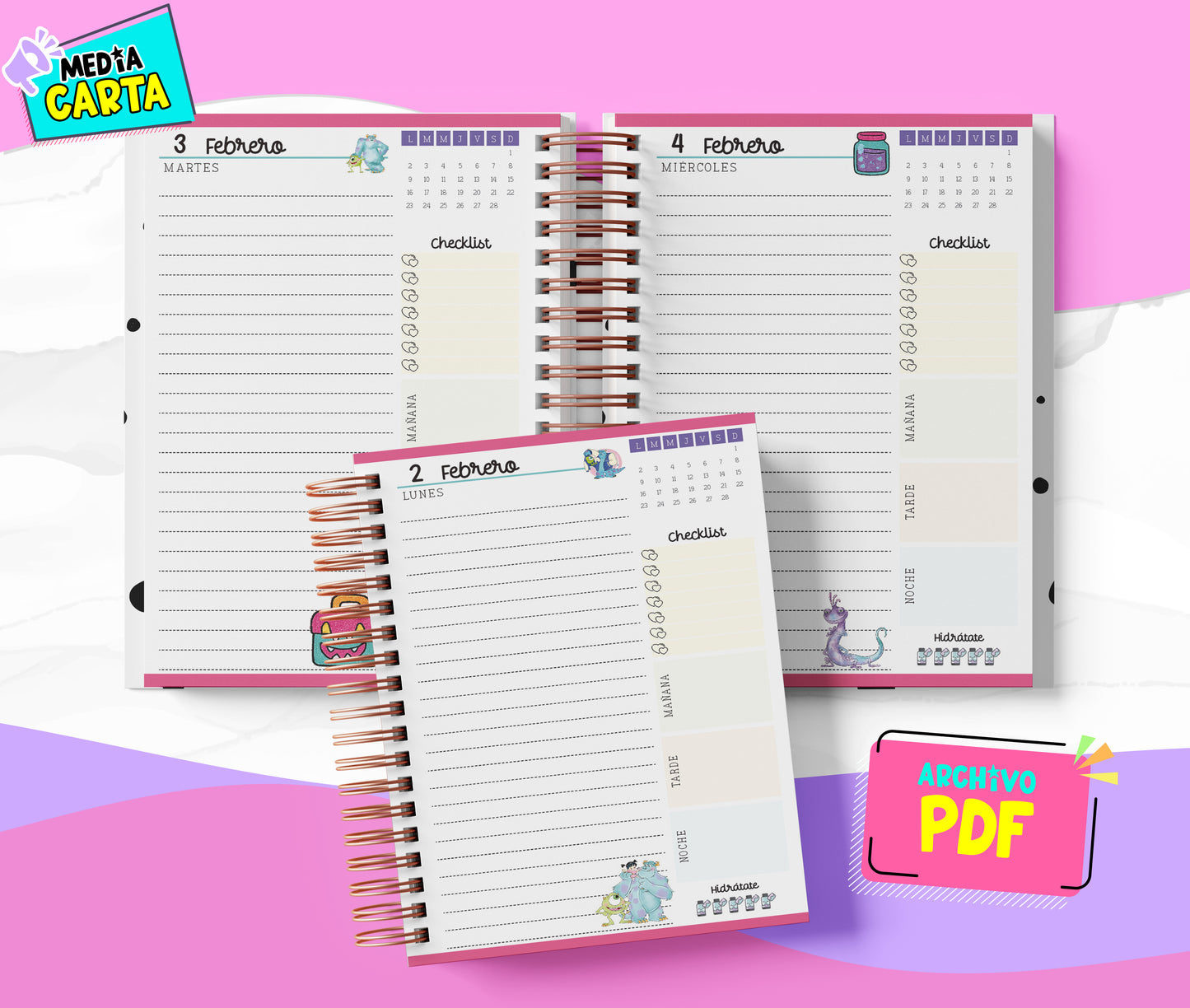 Agenda Diaria 2026 de Monsters Inc (PDF no editable) – Día por Página – Media Carta 14×21.5 cm – Español