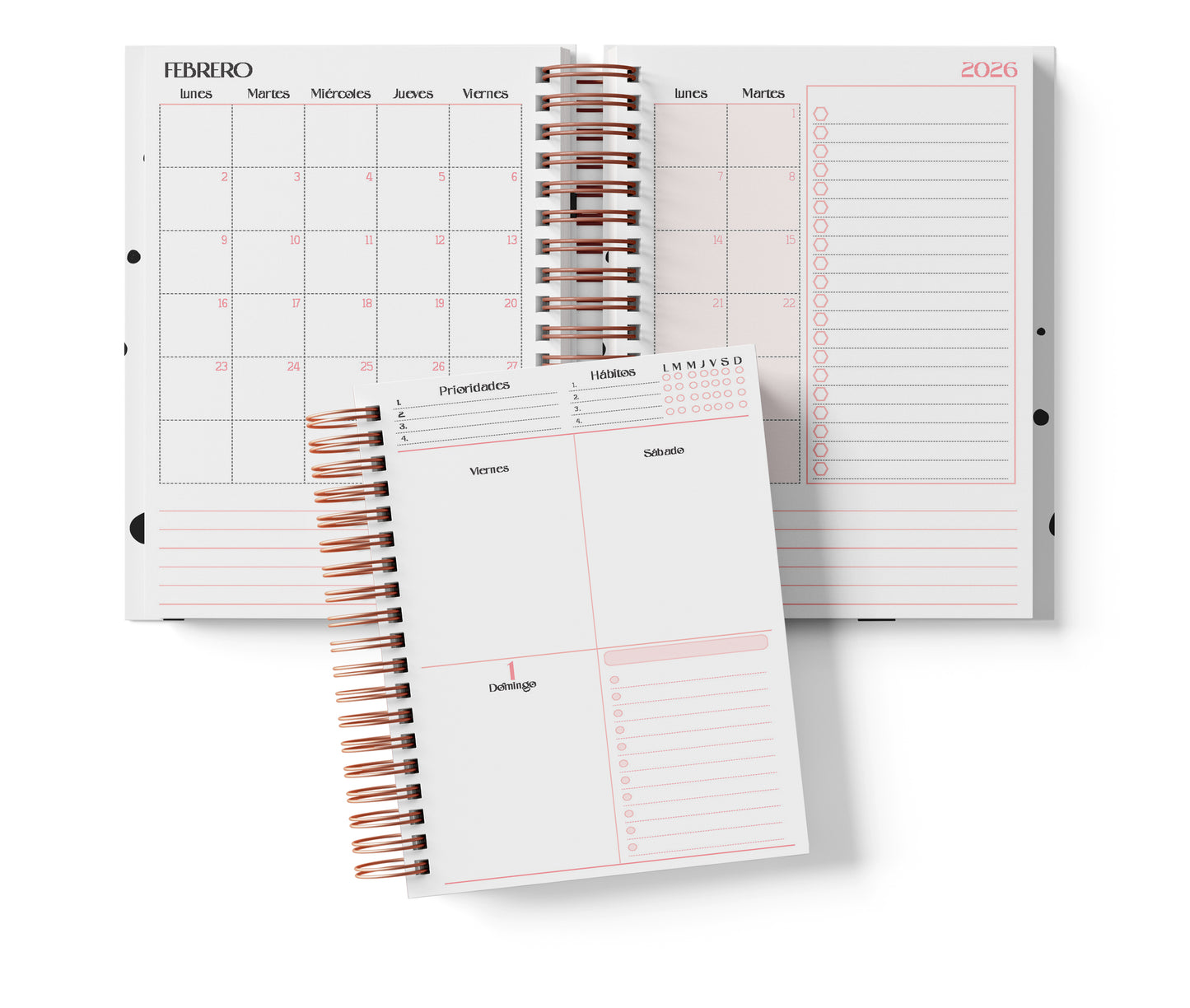 Agenda Semanal Digital 2026–2027 en Español • Minimalista Rosa • Media Carta 14×21.5 cm / 5.5×8.5 in • PDF 224 páginas