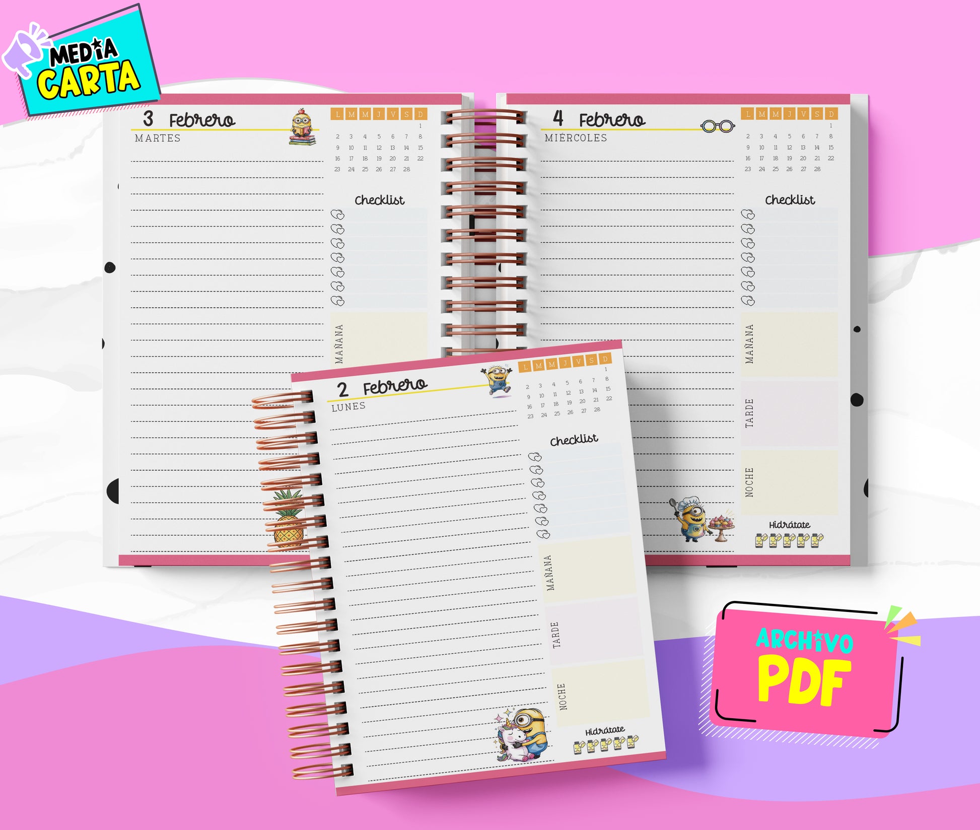 Agenda Diaria 2026 de Minions (PDF no editable) – Día por Página – Media Carta 14×21.5 cm – Español