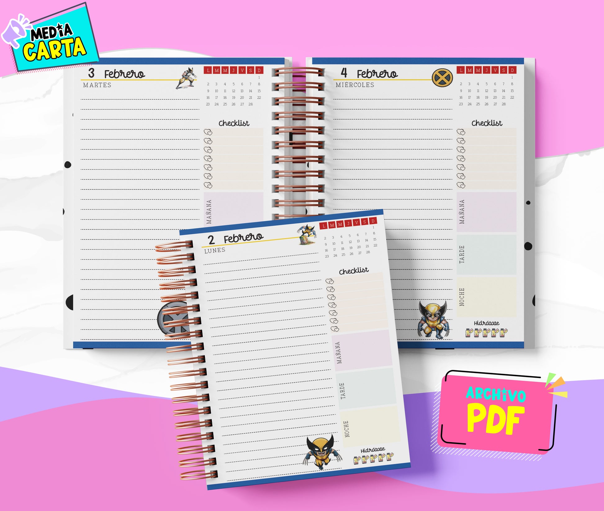 Agenda Diaria 2026 de Wolverine (PDF no editable) – Día por Página – Media Carta 14×21.5 cm – Español