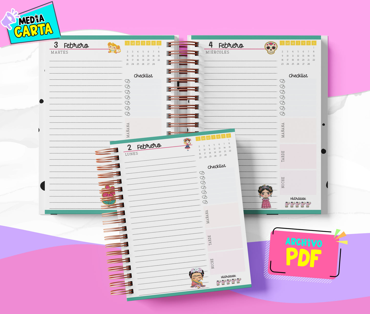 Agenda Diaria 2026 de Frida (PDF no editable) – Día por Página – Media Carta 14×21.5 cm – Español