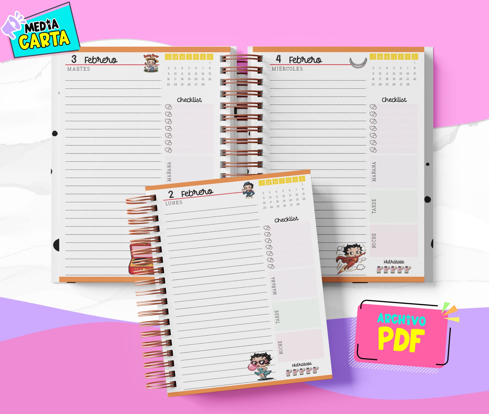 Agenda Diaria 2026 de Betty Boop (PDF no editable) – Día por Página – Media Carta 14×21.5 cm – Español