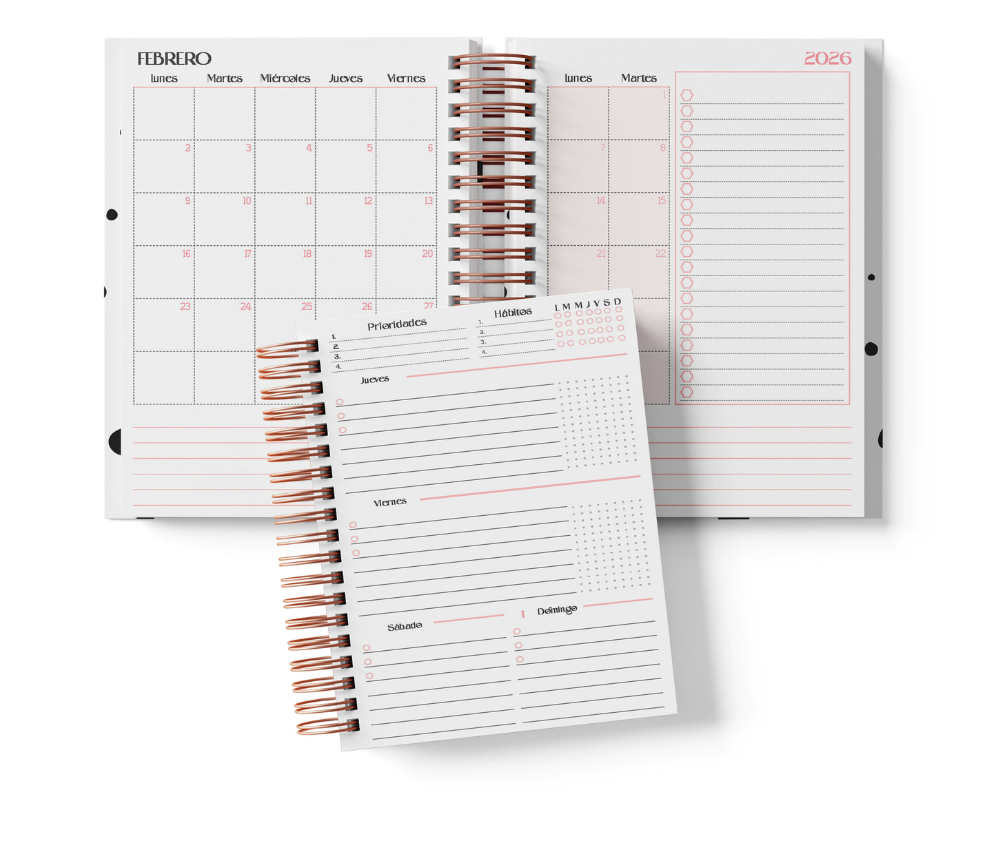Agenda Semanal Digital 2026–2027 en Español • Formato Horizontal • Minimalista Rosa • Media Carta 14×21.5 cm / 5.5×8.5 in • PDF 224 páginas