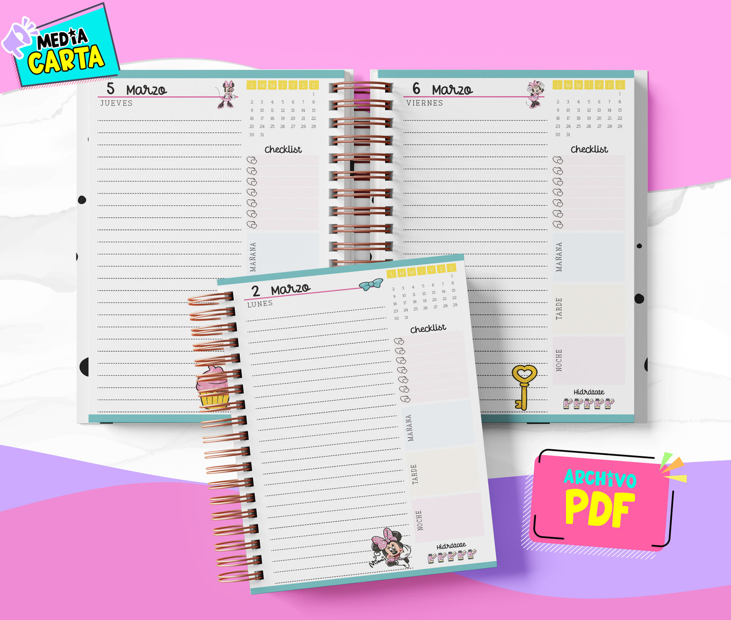 Agenda Diaria 2026 de Minnie (PDF no editable) – Día por Página – Media Carta 14×21.5 cm – Español