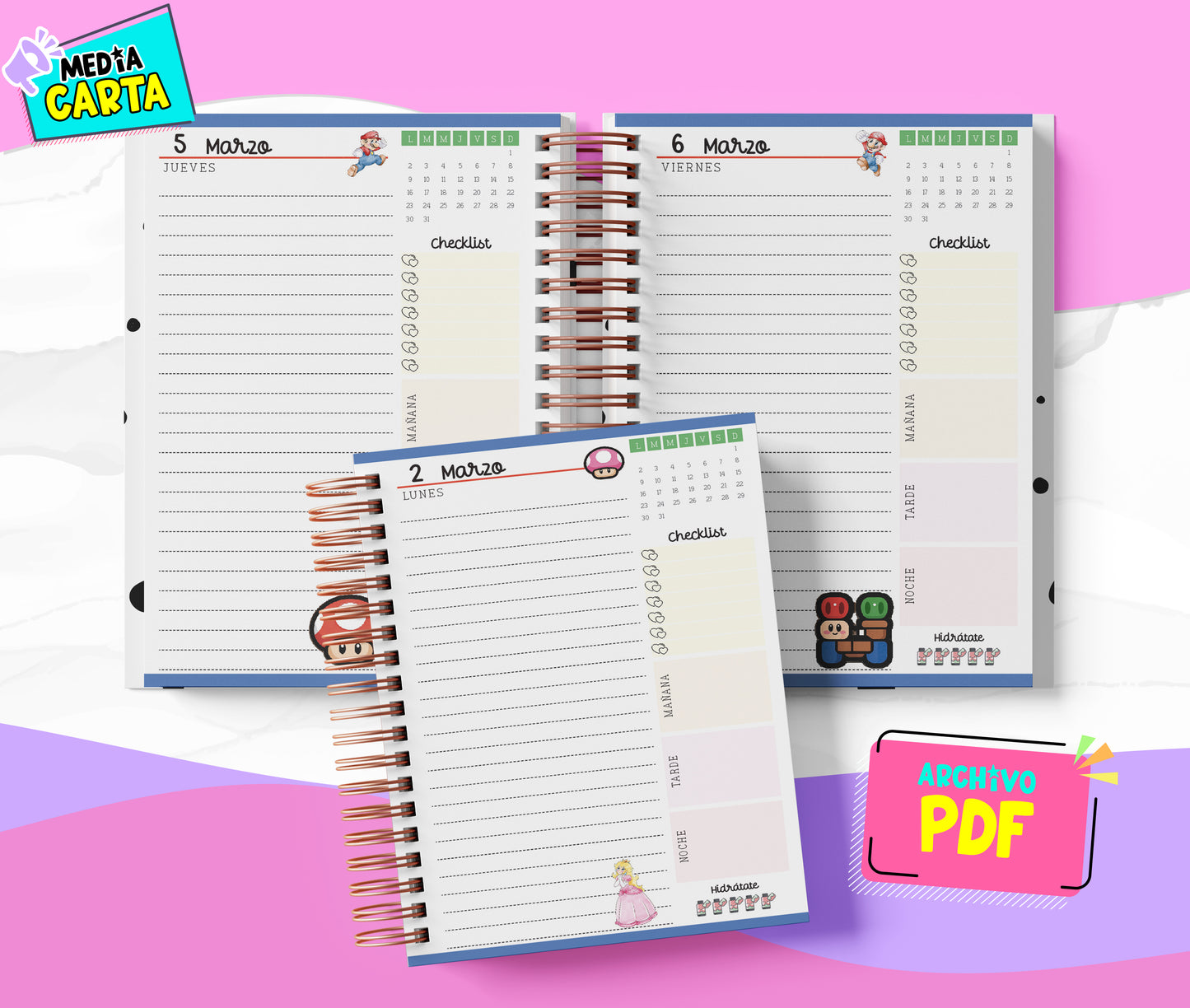 Agenda Diaria 2026 de Mario Bross (PDF no editable) – Día por Página – Media Carta 14×21.5 cm – Español