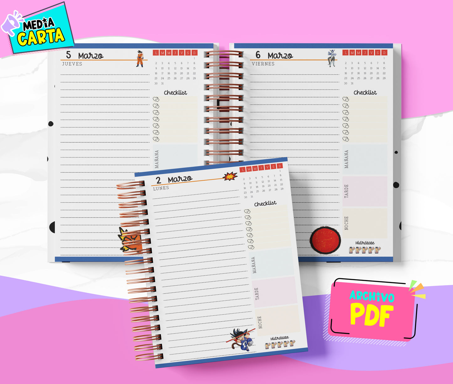 Agenda Diaria 2026 de Dragon Ball (PDF no editable) – Día por Página – Media Carta 14×21.5 cm – Español