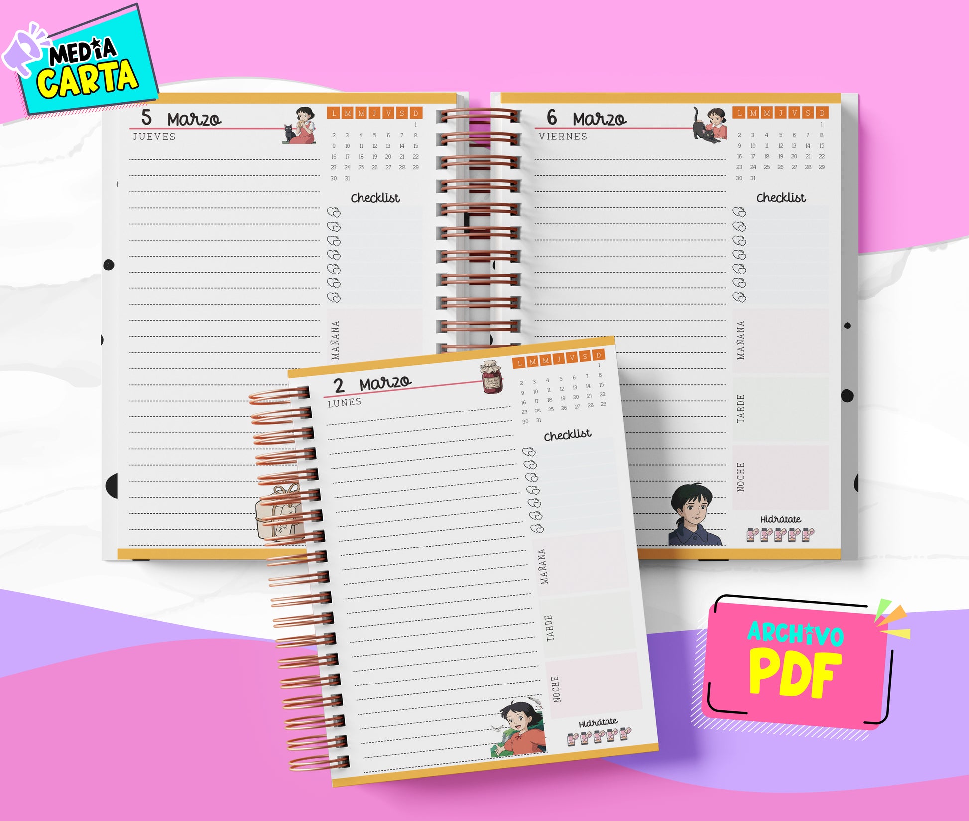 Agenda Diaria 2026 de Kikis (PDF no editable) – Día por Página – Media Carta 14×21.5 cm – Español