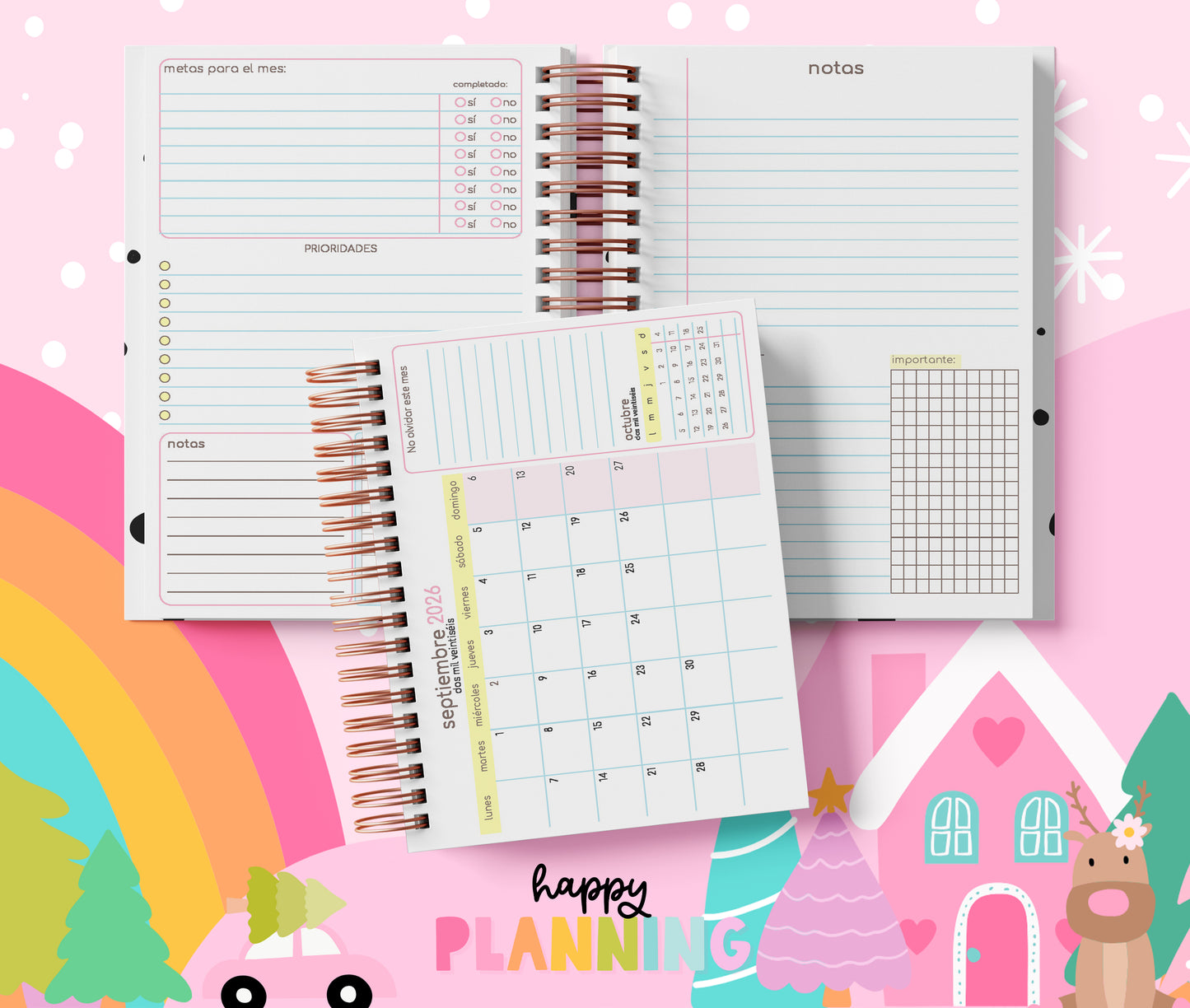 Agenda 2026 Floral sin Horarios – Planificador 2 Días por Página