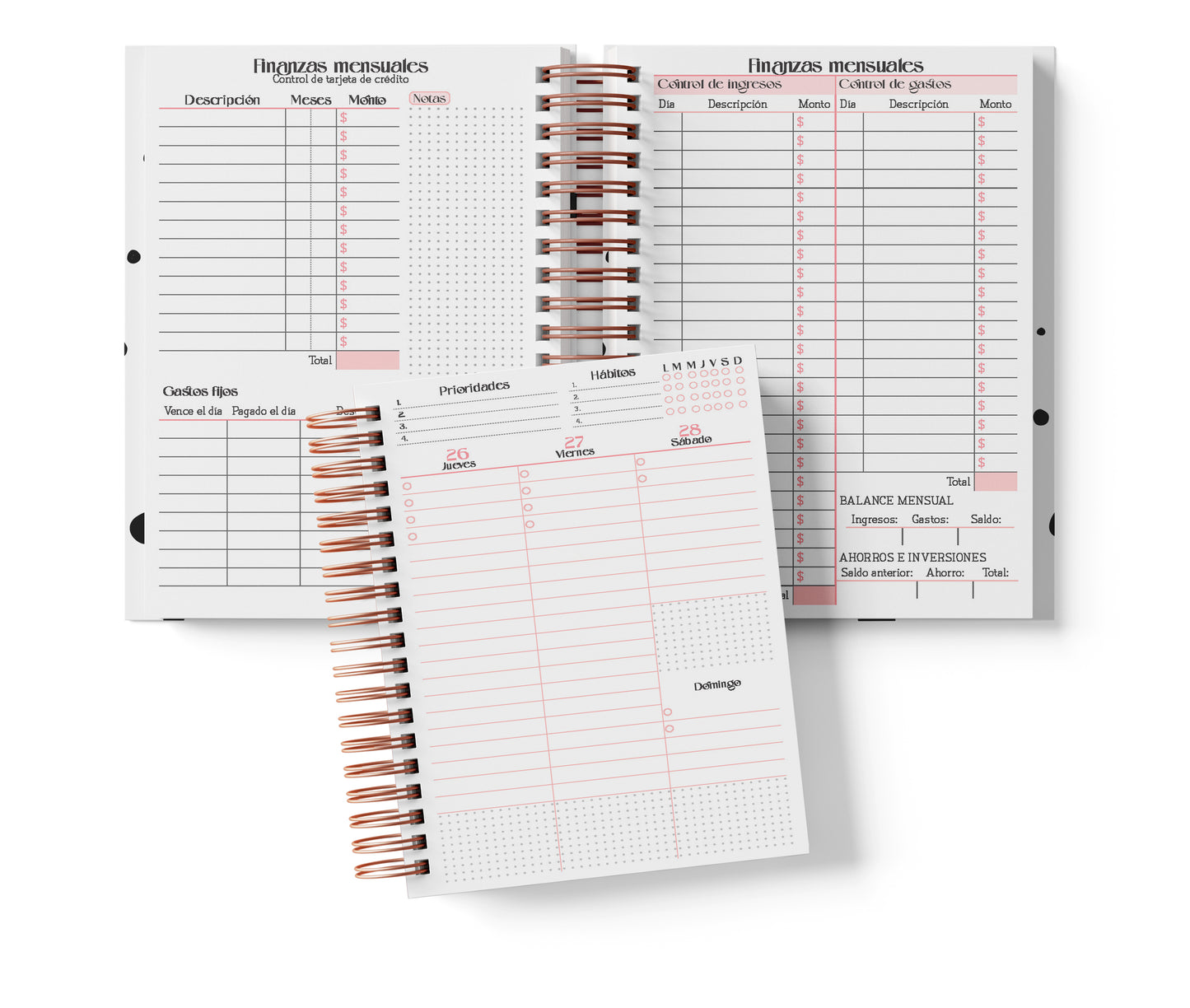 Agenda Semanal Digital 2026–2027 en Español • Formato Vertical • Minimalista Rosa • Media Carta 14×21.5 cm / 5.5×8.5 in • PDF 224 páginas