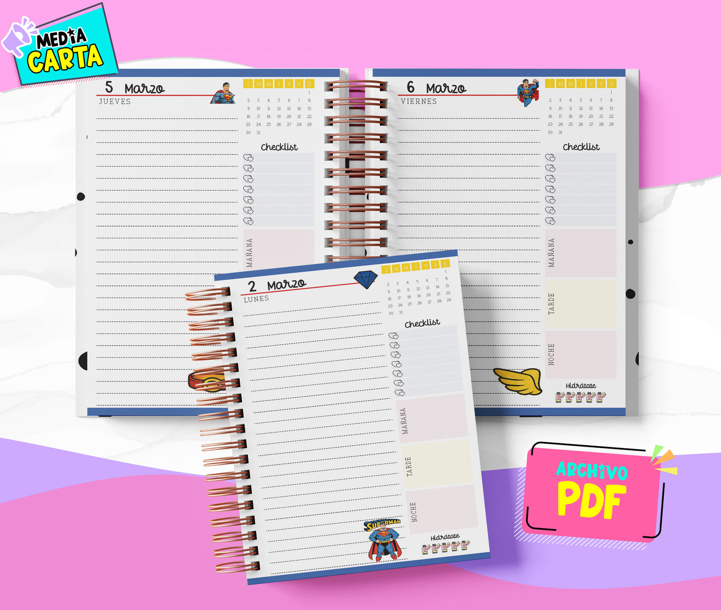 Agenda Diaria 2026 de Superman (PDF no editable) – Día por Página – Media Carta 14×21.5 cm – Español