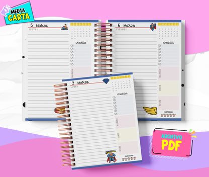 Agenda Diaria 2026 de Superman (PDF no editable) – Día por Página – Media Carta 14×21.5 cm – Español