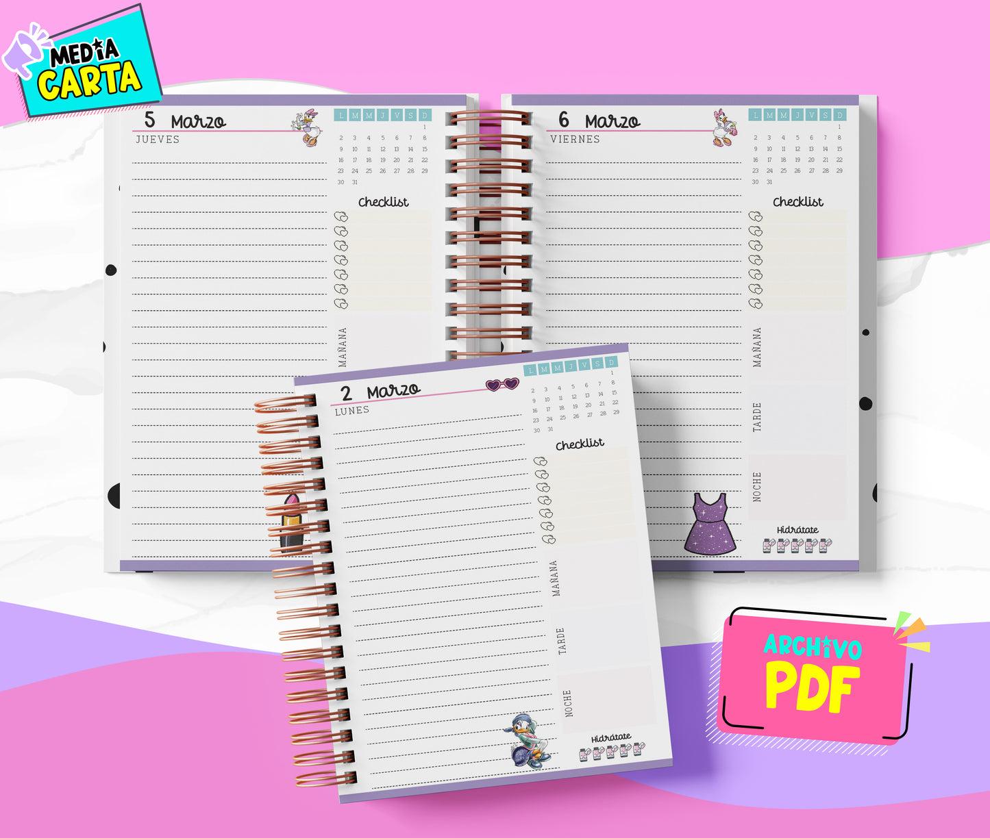 Agenda Diaria 2026 de Daisy Duck (PDF no editable) – Día por Página – Media Carta 14×21.5 cm – Español