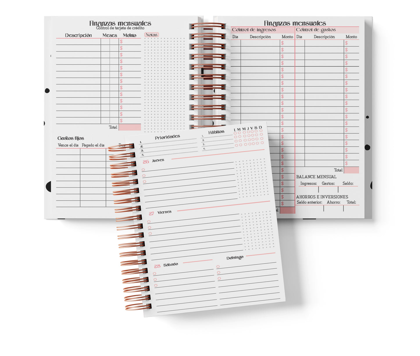 Agenda Semanal Digital 2026–2027 en Español • Formato Horizontal • Minimalista Rosa • Media Carta 14×21.5 cm / 5.5×8.5 in • PDF 224 páginas