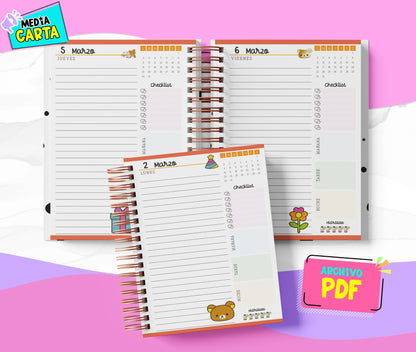 Agenda Diaria 2026 de Rilakkuma (PDF no editable) – Día por Página – Media Carta 14×21.5 cm – Español