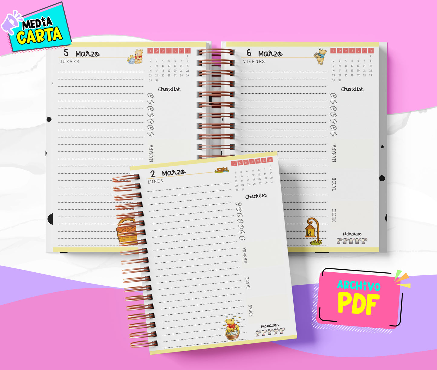 Agenda Diaria 2026 de Winnie (PDF no editable) – Día por Página – Media Carta 14×21.5 cm – Español