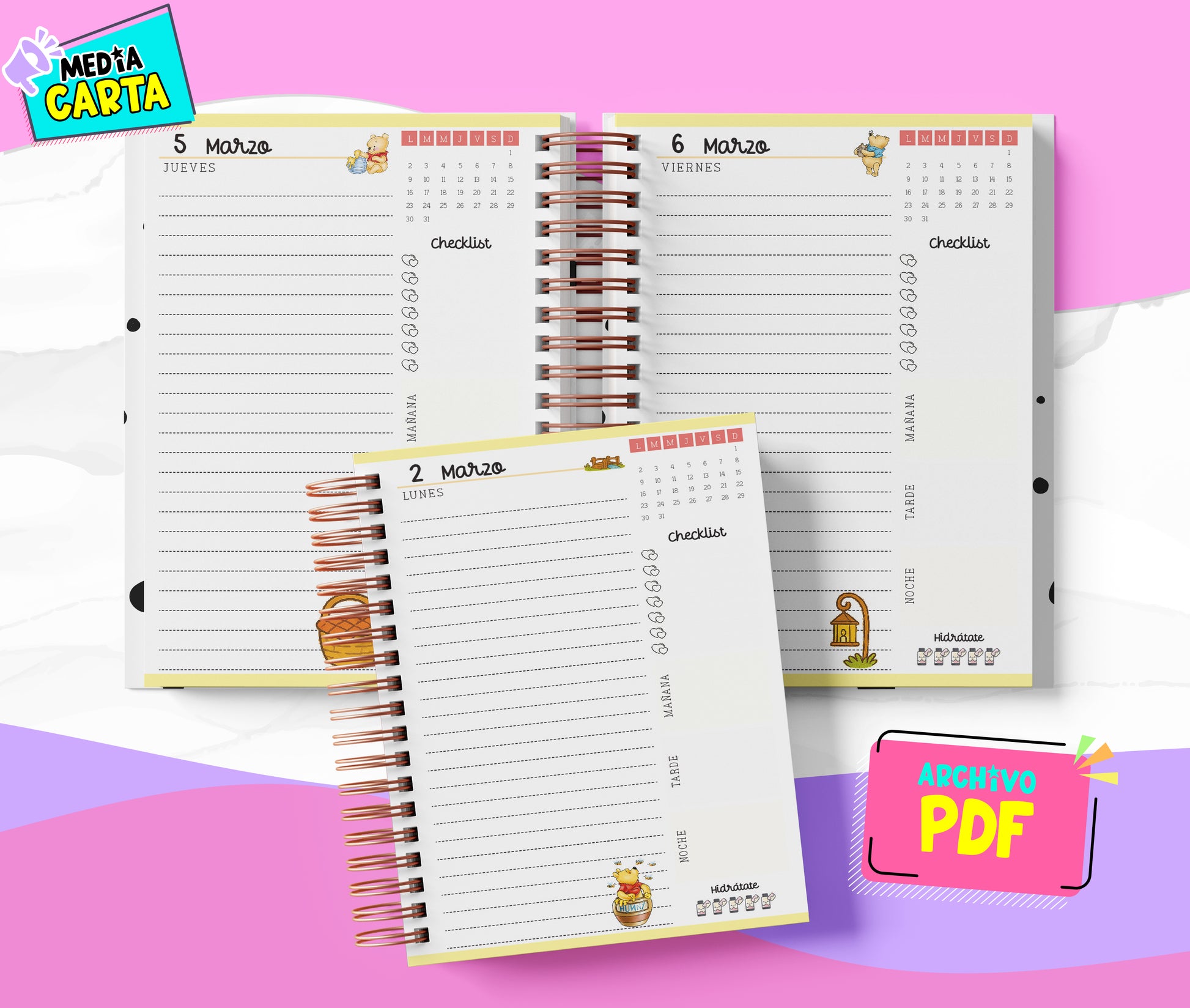 Agenda Diaria 2026 de Winnie (PDF no editable) – Día por Página – Media Carta 14×21.5 cm – Español